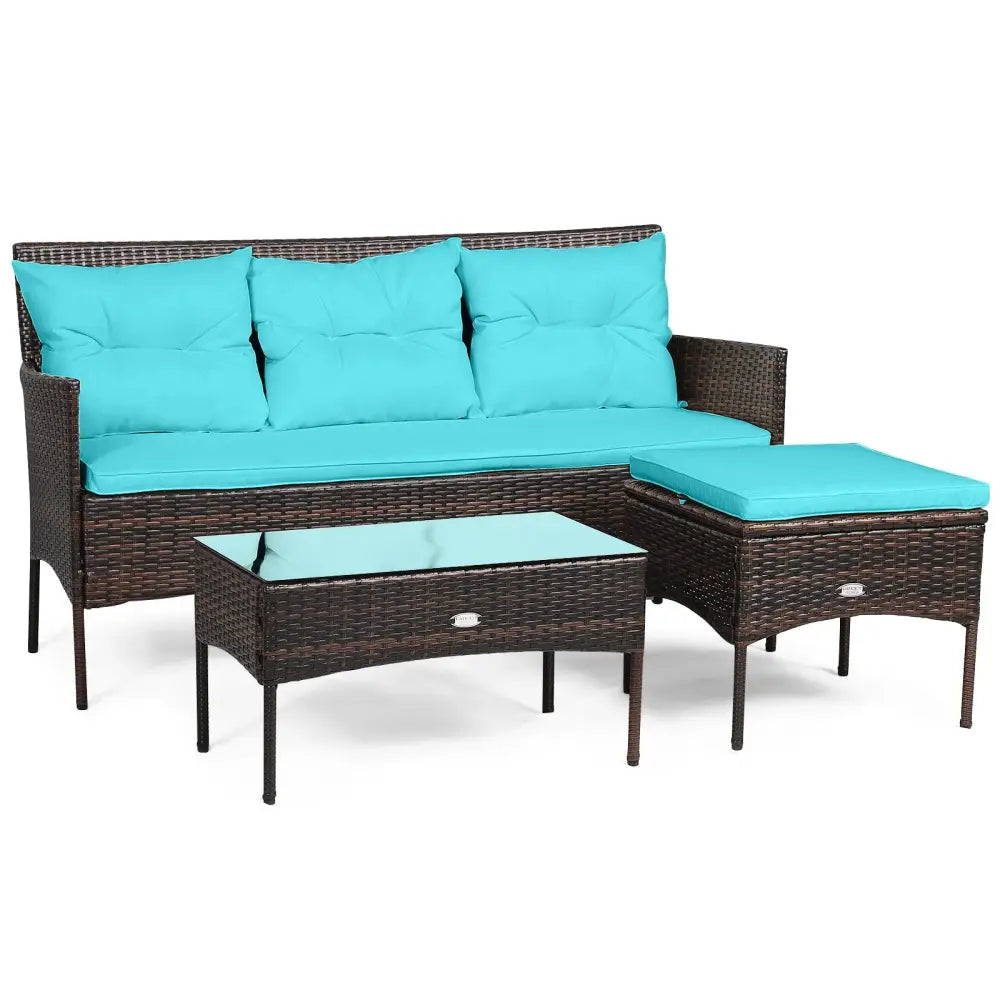 3 Pieces Patio Furniture Sectional Set with 5 Cozy Seat and Back Cushions-Turquoise - Turquoise - Patio Conversation