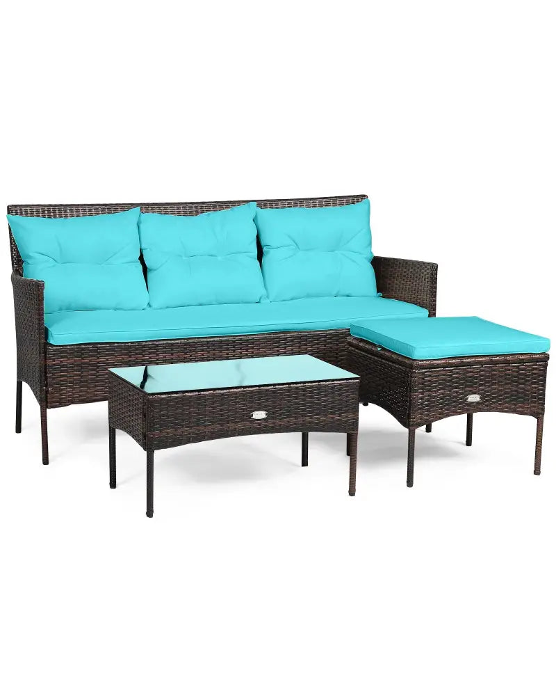 3 Pieces Patio Furniture Sectional Set with 5 Cozy Seat and Back Cushions-Turquoise - Turquoise - Patio Conversation