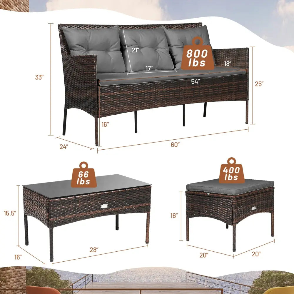 3 Pieces Patio Furniture Sectional Set with 5 Cozy Seat and Back Cushions-Gray - Gray - Patio Conversation Sets