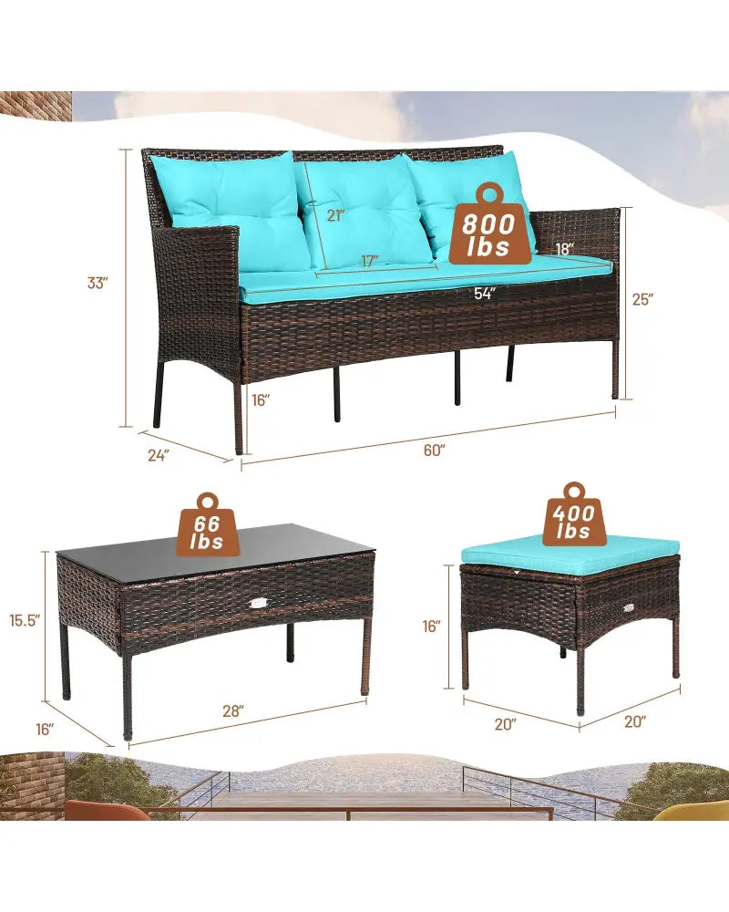 3 Pieces Patio Furniture Sectional Set with 5 Cozy Seat and Back Cushions-Turquoise - Turquoise - Patio Conversation