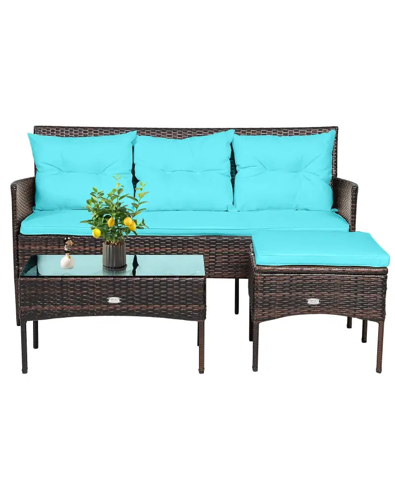 3 Pieces Patio Furniture Sectional Set with 5 Cozy Seat and Back Cushions-Turquoise - Turquoise - Patio Conversation