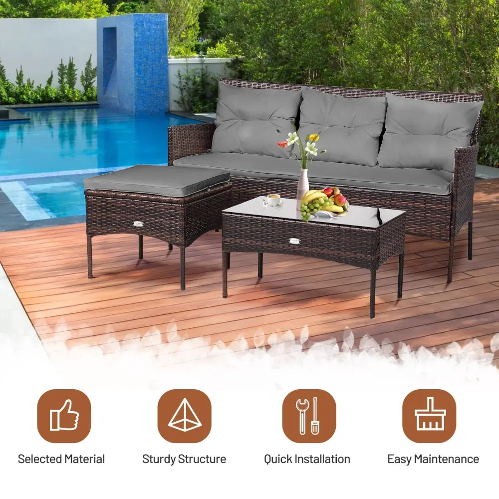 3 Pieces Patio Furniture Sectional Set with 5 Cozy Seat and Back Cushions-Gray - Gray - Patio Conversation Sets