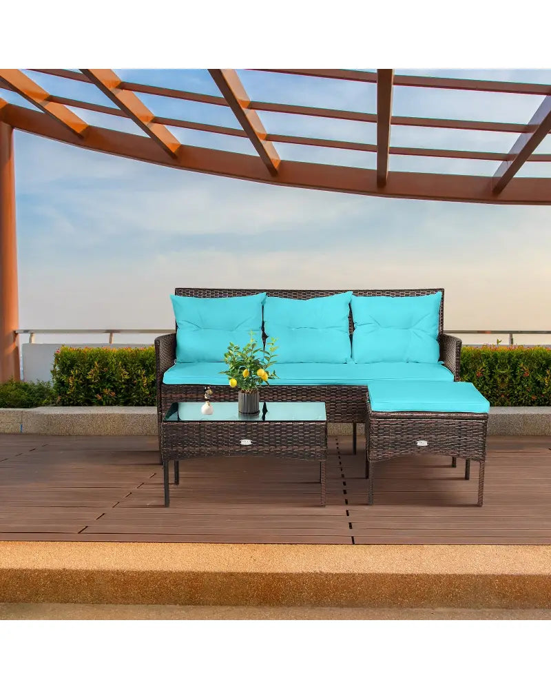 3 Pieces Patio Furniture Sectional Set with 5 Cozy Seat and Back Cushions-Turquoise - Turquoise - Patio Conversation