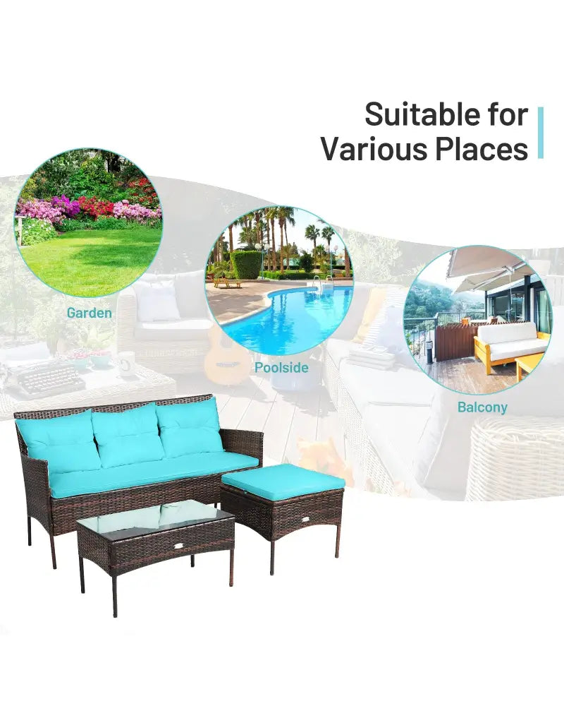 3 Pieces Patio Furniture Sectional Set with 5 Cozy Seat and Back Cushions-Turquoise - Turquoise - Patio Conversation