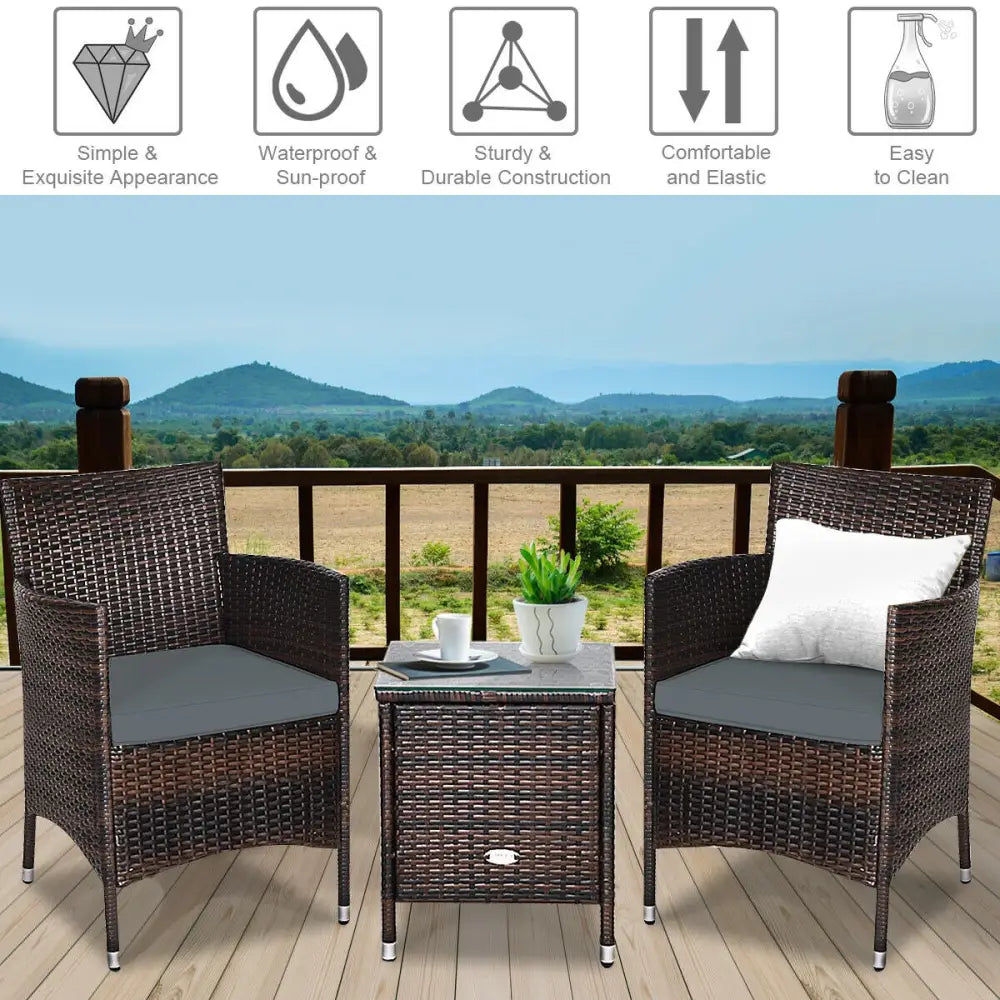 3 Pieces Patio Furniture Set Outdoor Wicker Rattan Set-Gray - Gray - Patio Conversation Sets