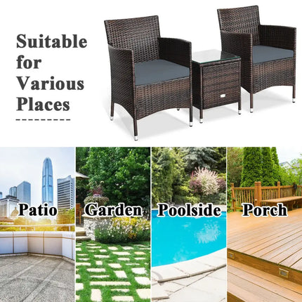 3 Pieces Patio Furniture Set Outdoor Wicker Rattan Set-Gray - Gray - Patio Conversation Sets