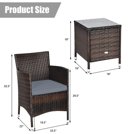 3 Pieces Patio Furniture Set Outdoor Wicker Rattan Set-Gray - Gray - Patio Conversation Sets