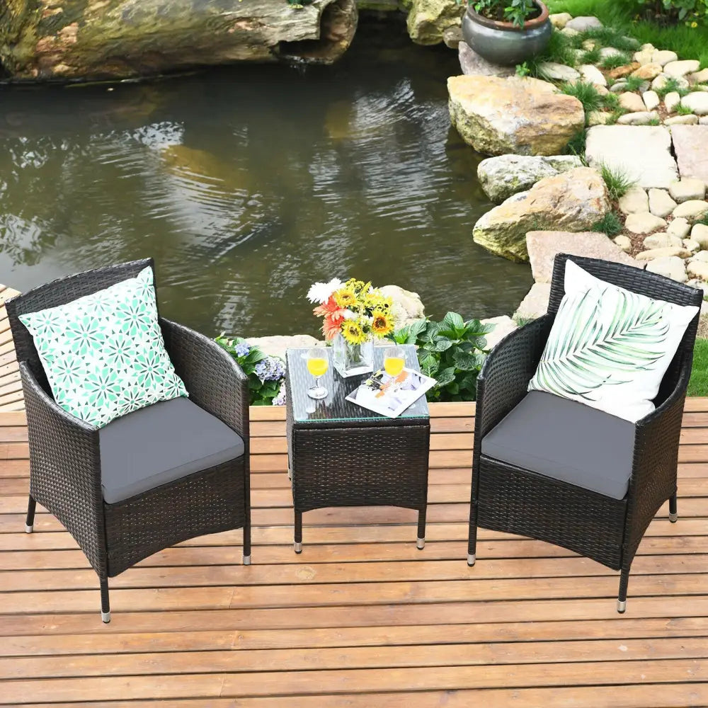 3 Pieces Patio Furniture Set Outdoor Wicker Rattan Set-Gray - Gray - Patio Conversation Sets