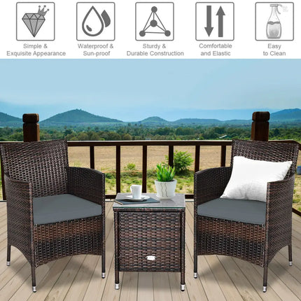 3 Pieces Patio Furniture Set Outdoor Wicker Rattan Set-Gray - Gray - Patio Conversation Sets