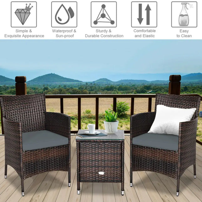 3 Pieces Patio Furniture Set Outdoor Wicker Rattan Set-Gray - Gray - Patio Conversation Sets