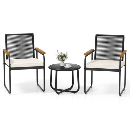 3 Pieces Patio Furniture Set PE Rattan Porch Chairs with Round Tempered Glass Top Table - White - Oasis Home Essentials