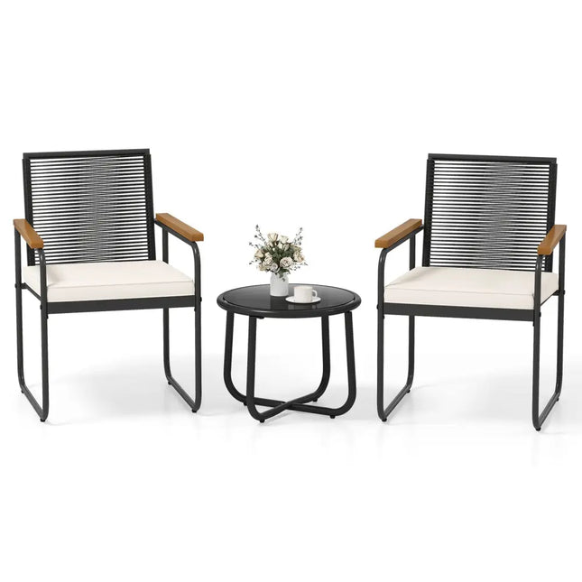 3 Pieces Patio Furniture Set PE Rattan Porch Chairs with Round Tempered Glass Top Table - White - Oasis Home Essentials