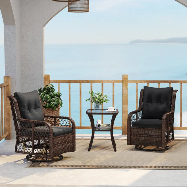3 Pieces Patio Furniture Set PE Wicker Swivel Glider Chairs with 2-Tier Side Table and Cushions-Black - Black - Patio