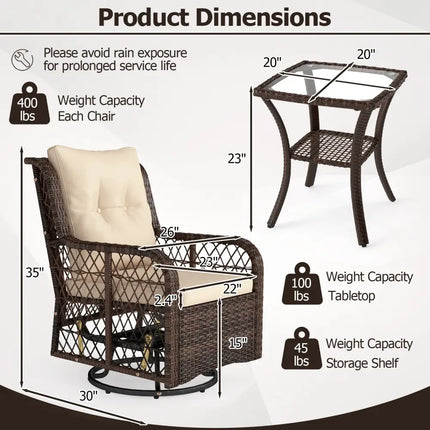 3 Pieces Patio Furniture Set PE Wicker Swivel Glider Chairs with 2-Tier Side Table and Cushions-Brown - Brown - Patio