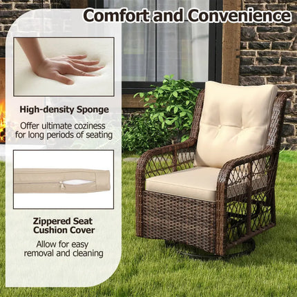 3 Pieces Patio Furniture Set PE Wicker Swivel Glider Chairs with 2-Tier Side Table and Cushions-Brown - Brown - Patio