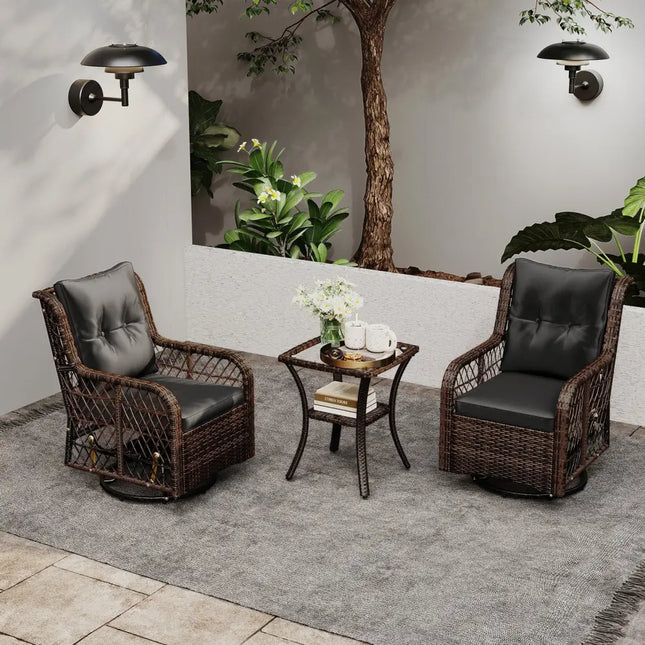 3 Pieces Patio Furniture Set PE Wicker Swivel Glider Chairs with 2-Tier Side Table and Cushions-Black - Black - Patio