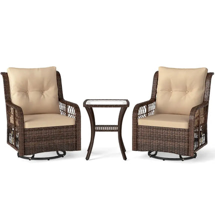 3 Pieces Patio Furniture Set PE Wicker Swivel Glider Chairs with 2-Tier Side Table and Cushions-Brown - Brown - Patio