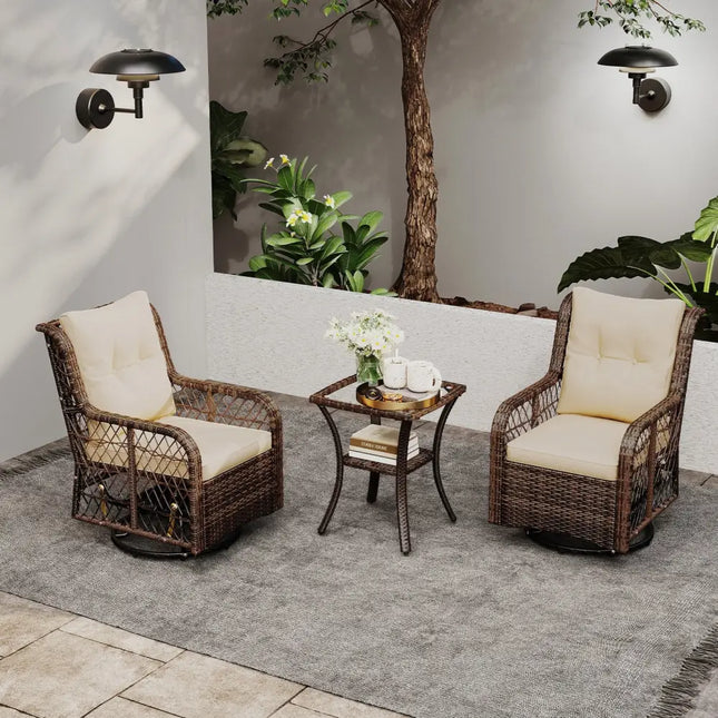 3 Pieces Patio Furniture Set PE Wicker Swivel Glider Chairs with 2-Tier Side Table and Cushions-Brown - Brown - Patio