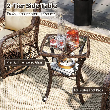 3 Pieces Patio Furniture Set PE Wicker Swivel Glider Chairs with 2-Tier Side Table and Cushions-Brown - Brown - Patio