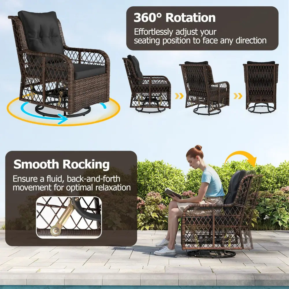 3 Pieces Patio Furniture Set PE Wicker Swivel Glider Chairs with 2-Tier Side Table and Cushions-Black - Black - Patio