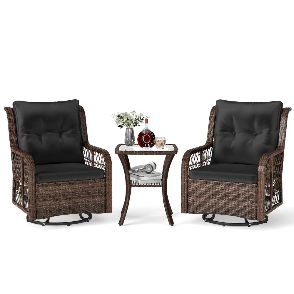 3 Pieces Patio Furniture Set PE Wicker Swivel Glider Chairs with 2-Tier Side Table and Cushions-Black - Black - Patio