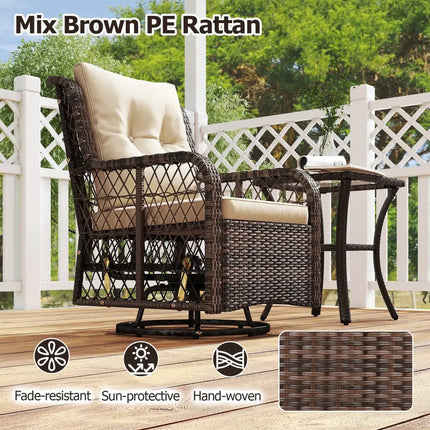 3 Pieces Patio Furniture Set PE Wicker Swivel Glider Chairs with 2-Tier Side Table and Cushions-Brown - Brown - Patio
