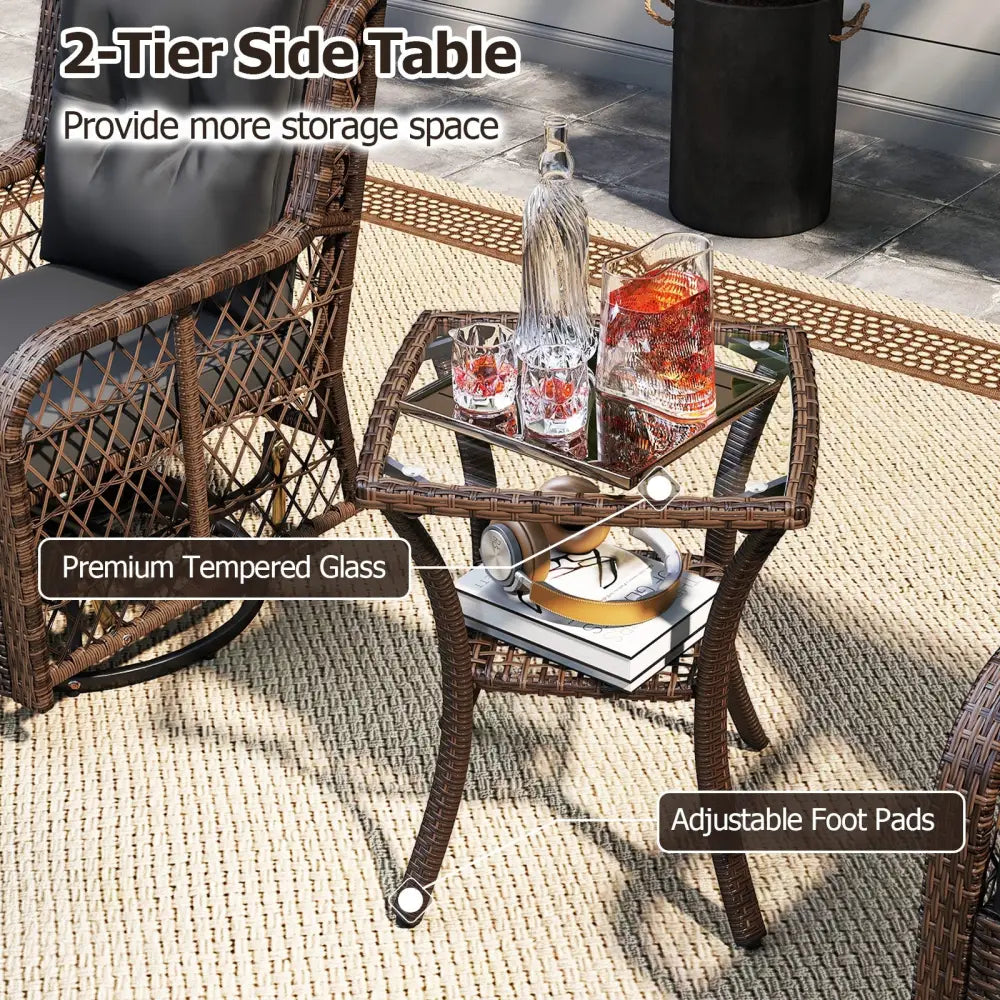 3 Pieces Patio Furniture Set PE Wicker Swivel Glider Chairs with 2-Tier Side Table and Cushions-Black - Black - Patio