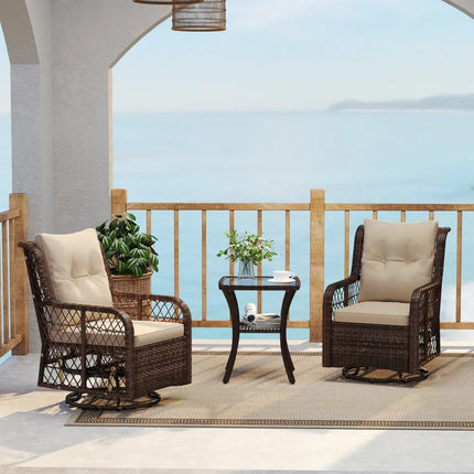 3 Pieces Patio Furniture Set PE Wicker Swivel Glider Chairs with 2-Tier Side Table and Cushions-Brown - Brown - Patio