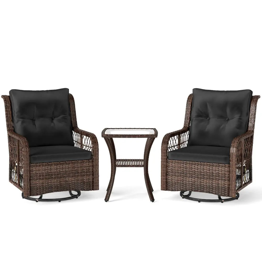 3 Pieces Patio Furniture Set PE Wicker Swivel Glider Chairs with 2-Tier Side Table and Cushions-Black - Black - Patio
