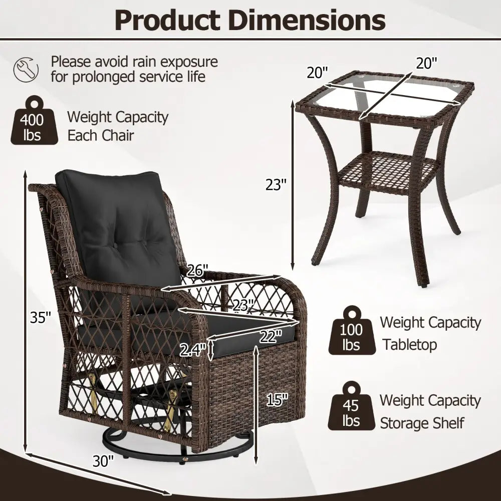 3 Pieces Patio Furniture Set PE Wicker Swivel Glider Chairs with 2-Tier Side Table and Cushions-Black - Black - Patio