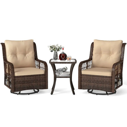 3 Pieces Patio Furniture Set PE Wicker Swivel Glider Chairs with 2-Tier Side Table and Cushions-Brown - Brown - Patio