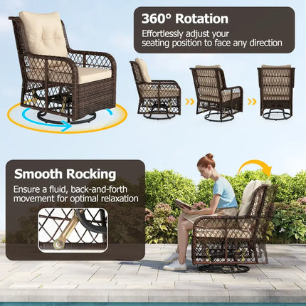 3 Pieces Patio Furniture Set PE Wicker Swivel Glider Chairs with 2-Tier Side Table and Cushions-Brown - Brown - Patio