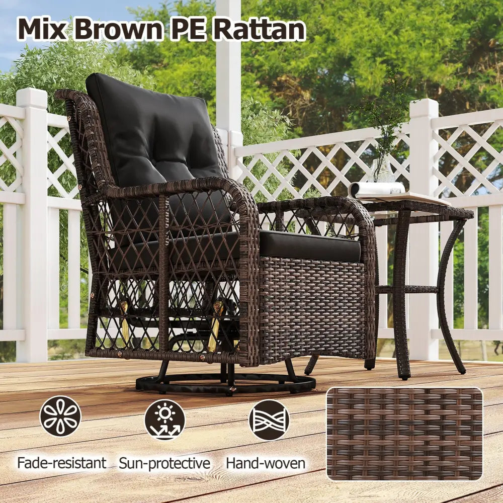 3 Pieces Patio Furniture Set PE Wicker Swivel Glider Chairs with 2-Tier Side Table and Cushions-Black - Black - Patio
