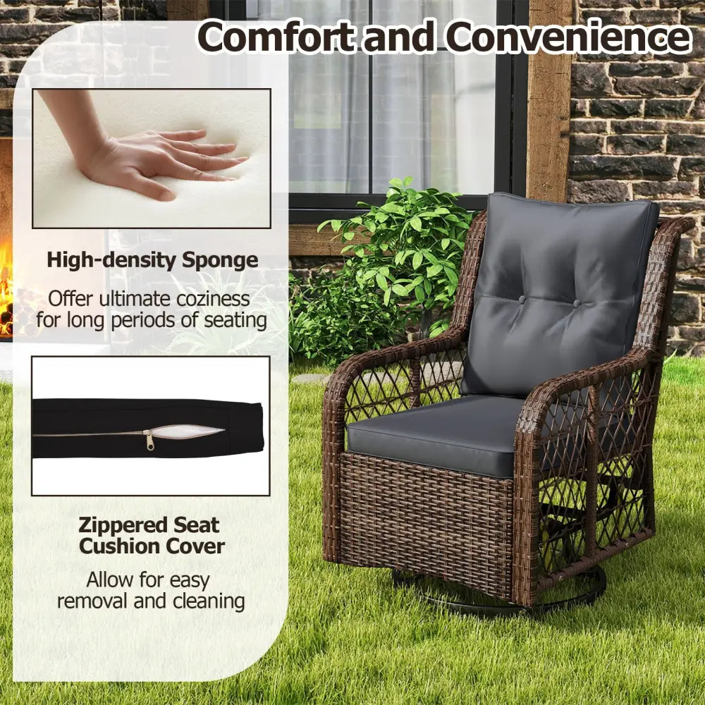 3 Pieces Patio Furniture Set PE Wicker Swivel Glider Chairs with 2-Tier Side Table and Cushions-Black - Black - Patio