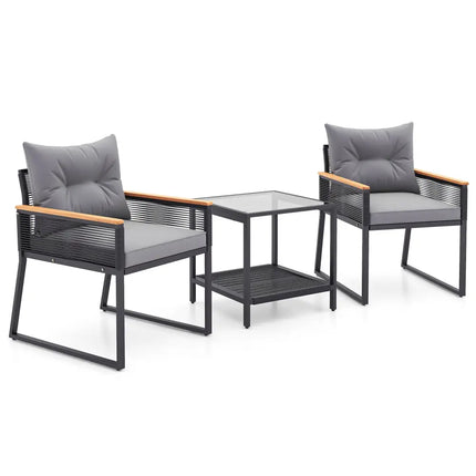 3 Pieces Patio Furniture Set with 2 Tier Coffee Table and Soft Seat Cushions-Gray - Gray - Patio Conversation Sets