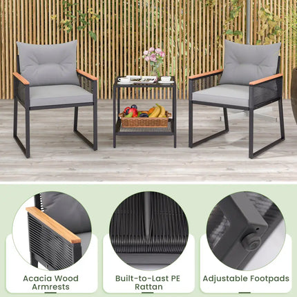 3 Pieces Patio Furniture Set with 2 Tier Coffee Table and Soft Seat Cushions-Gray - Gray - Patio Conversation Sets