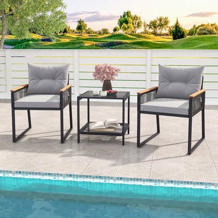 3 Pieces Patio Furniture Set with 2 Tier Coffee Table and Soft Seat Cushions-Gray - Gray - Patio Conversation Sets