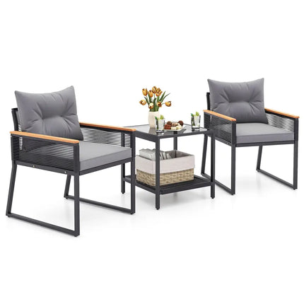 3 Pieces Patio Furniture Set with 2 Tier Coffee Table and Soft Seat Cushions-Gray - Gray - Patio Conversation Sets