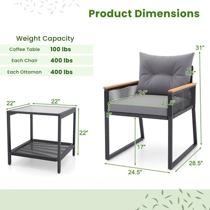 3 Pieces Patio Furniture Set with 2 Tier Coffee Table and Soft Seat Cushions-Gray - Gray - Patio Conversation Sets