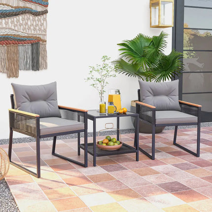 3 Pieces Patio Furniture Set with 2 Tier Coffee Table and Soft Seat Cushions-Gray - Gray - Patio Conversation Sets