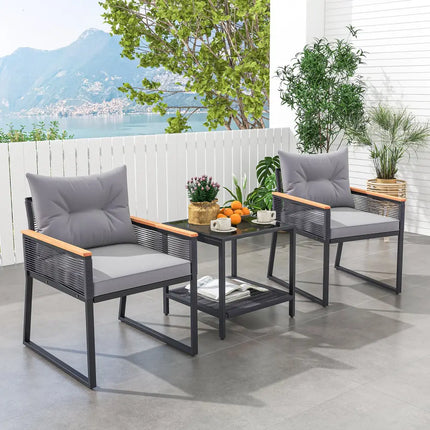 3 Pieces Patio Furniture Set with 2 Tier Coffee Table and Soft Seat Cushions-Gray - Gray - Patio Conversation Sets