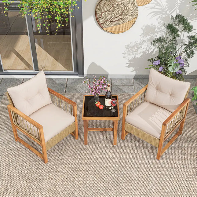 3 Pieces Patio Furniture Set with Acacia Wood Frame Cushions-Brown - Brown - Patio Conversation Sets