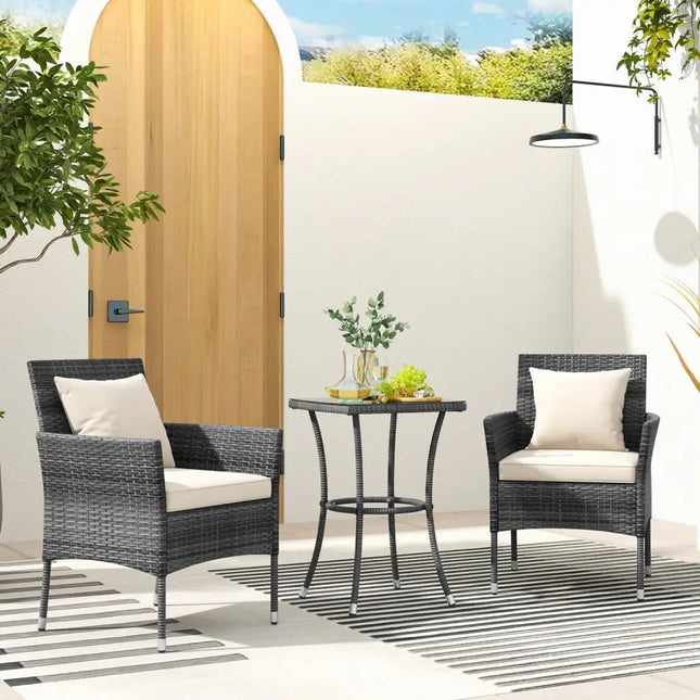 3 Pieces Patio Furniture Set with Cushioned Patio Chairs and Tempered Glass Coffee Table-White - White - Patio