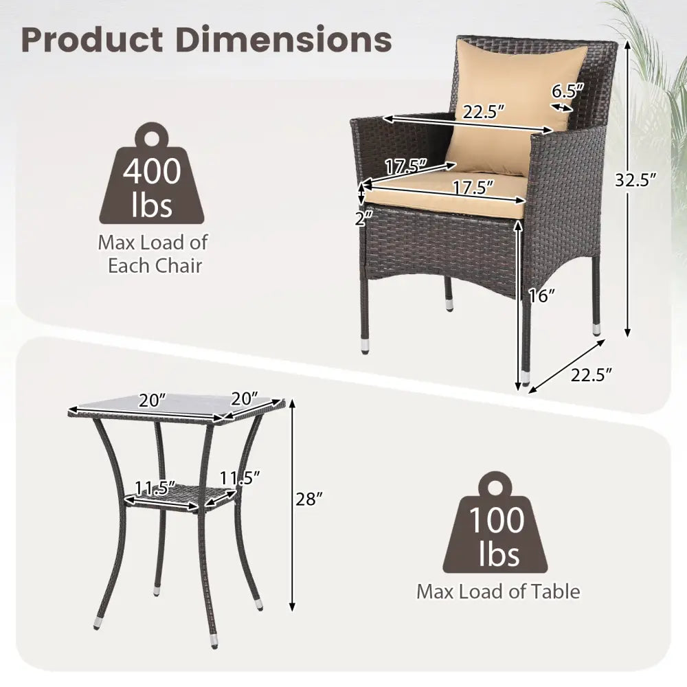 3 Pieces Patio Furniture Set with Cushioned Patio Chairs and Tempered Glass Coffee Table-Brown - Brown - Patio