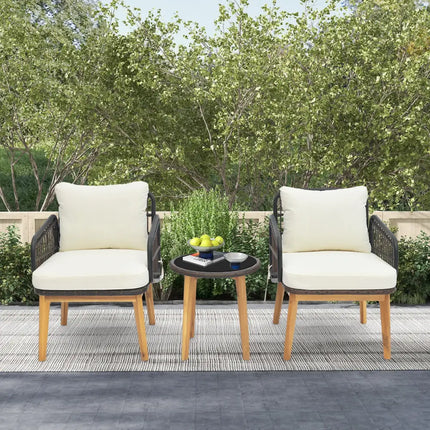 3 Pieces Patio Furniture Set with Cushioned Chairs and Tempered Glass Side Table-Black - Black - Patio Furniture Sets