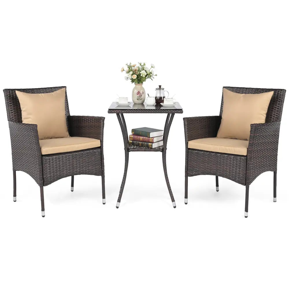 3 Pieces Patio Furniture Set with Cushioned Patio Chairs and Tempered Glass Coffee Table-Brown - Brown - Patio
