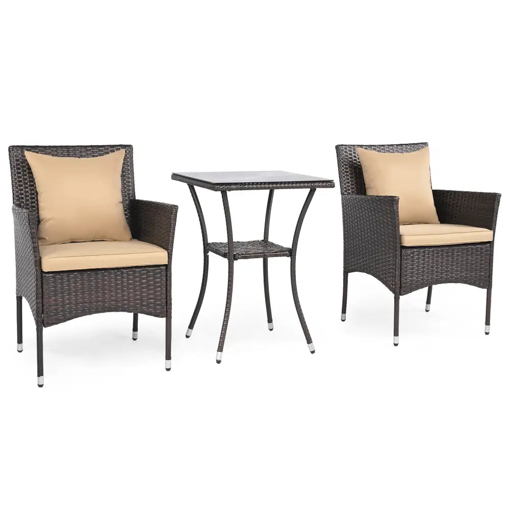 3 Pieces Patio Furniture Set with Cushioned Patio Chairs and Tempered Glass Coffee Table-Brown - Brown - Patio