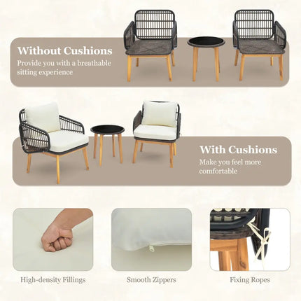 3 Pieces Patio Furniture Set with Cushioned Chairs and Tempered Glass Side Table-Black - Black - Patio Furniture Sets