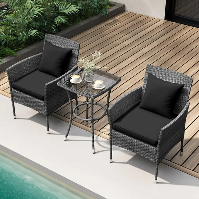 3 Pieces Patio Furniture Set with Cushioned Patio Chairs and Tempered Glass Coffee Table-Black - Black - Patio