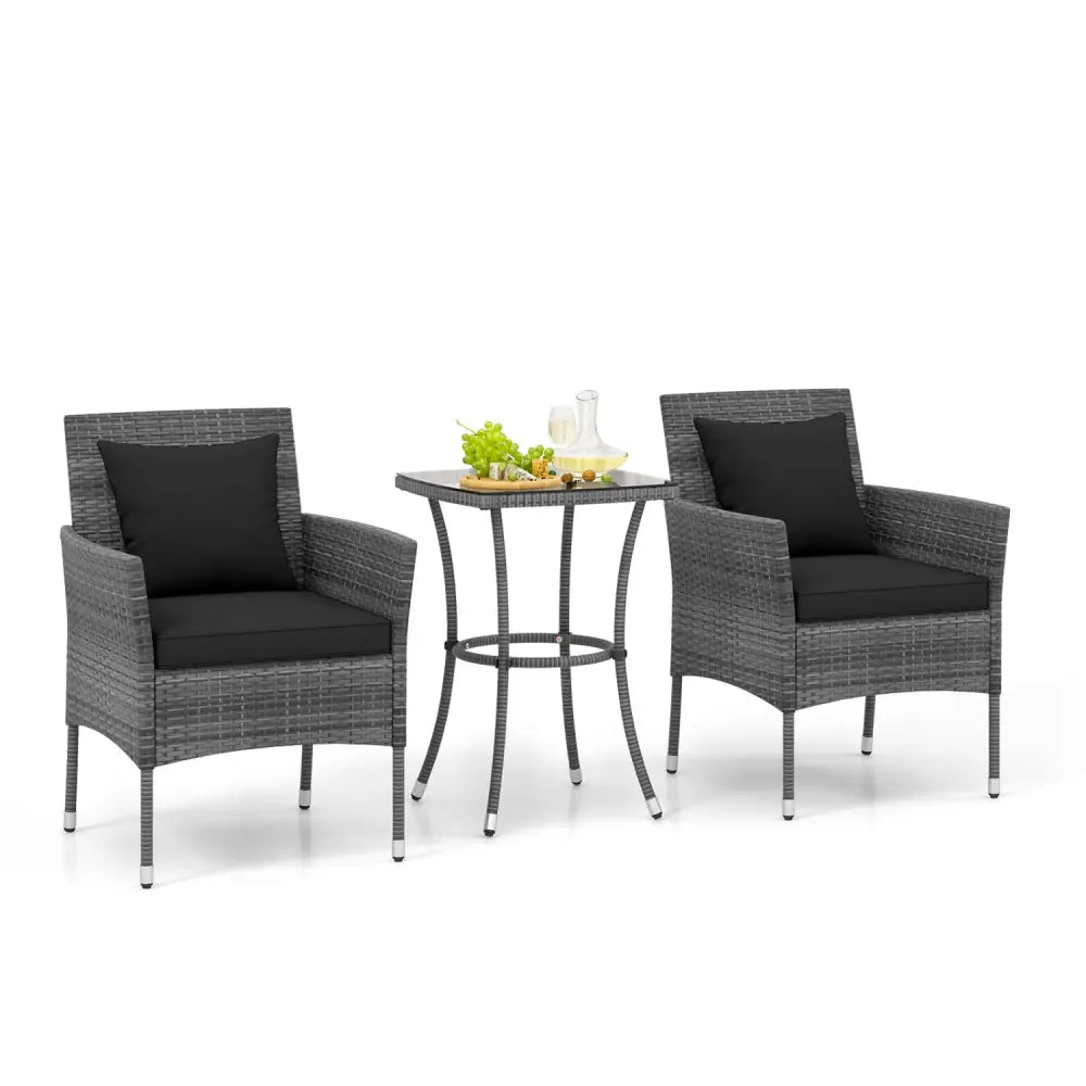 3 Pieces Patio Furniture Set with Cushioned Patio Chairs and Tempered Glass Coffee Table-Black - Black - Patio